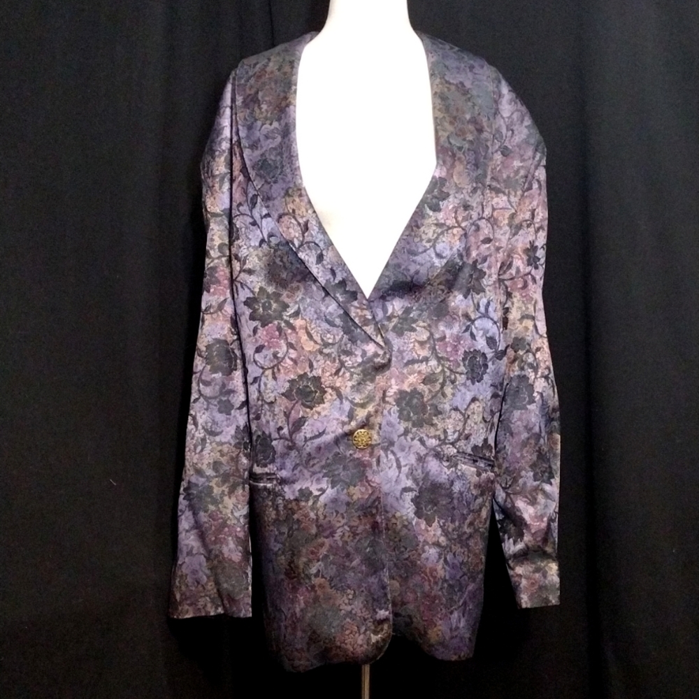 VTG Words Long Sleeve Metallic Tapestry Style  Floral Print Blazer Size 13